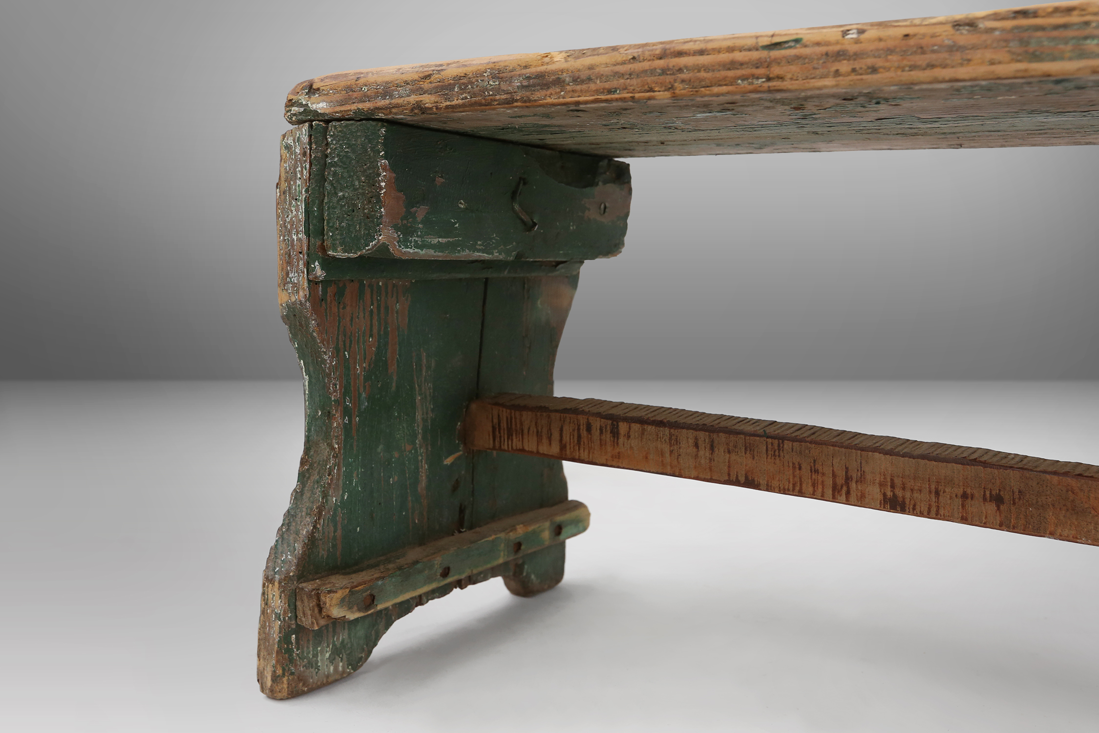 Industrial green wooden stool with nice patina, France 1900thumbnail